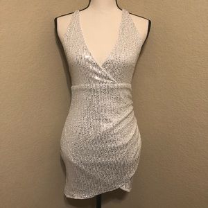 NWT CBR Silver White Sequin Spaghetti Strap V-neck Dress